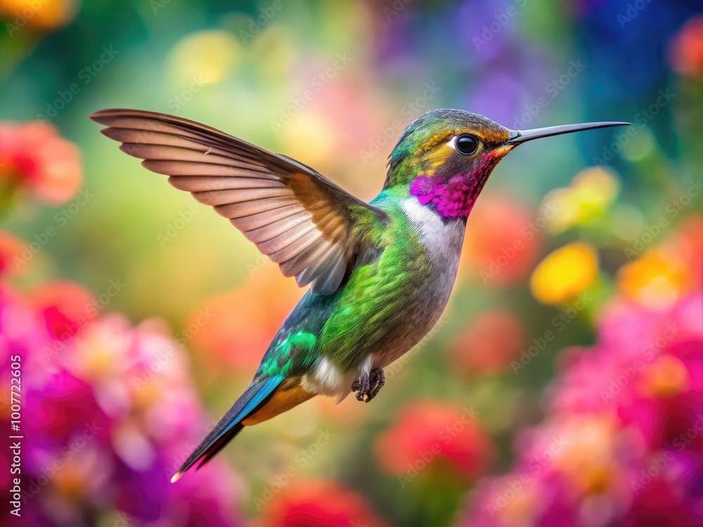Fototapeta premium Vibrant Hummingbird in Flight Captured in Stunning Detail Against a Colorful Flower Background