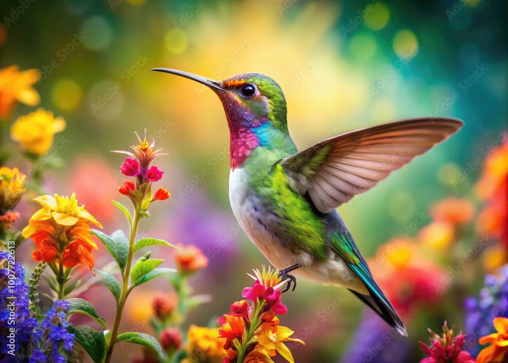 Vibrant Hummingbird Singing in a Colorful Garden Surrounded by Beautiful Flowers and Greenery Vibrant Hummingbird Singing in a Colorful Garden Surrounded by Beautiful Flowers and Greenery