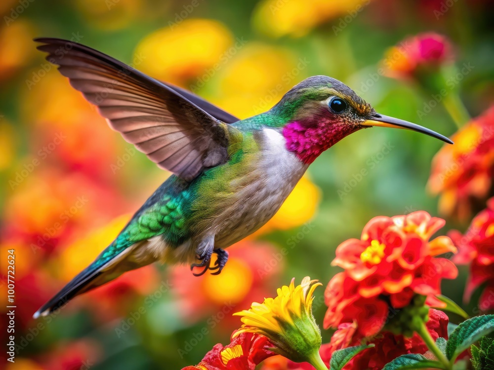 Fototapeta premium Vibrant Hummingbird Sipping Nectar from Colorful Flower Petals in a Lush Garden Setting