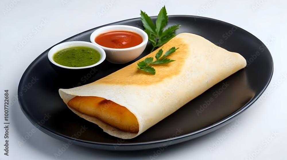 Crispy Masala Dosa Served with Chutneys and Sambar on Ceramic Plate Crispy Masala Dosa Served with Chutneys and Sambar on Ceramic Plate