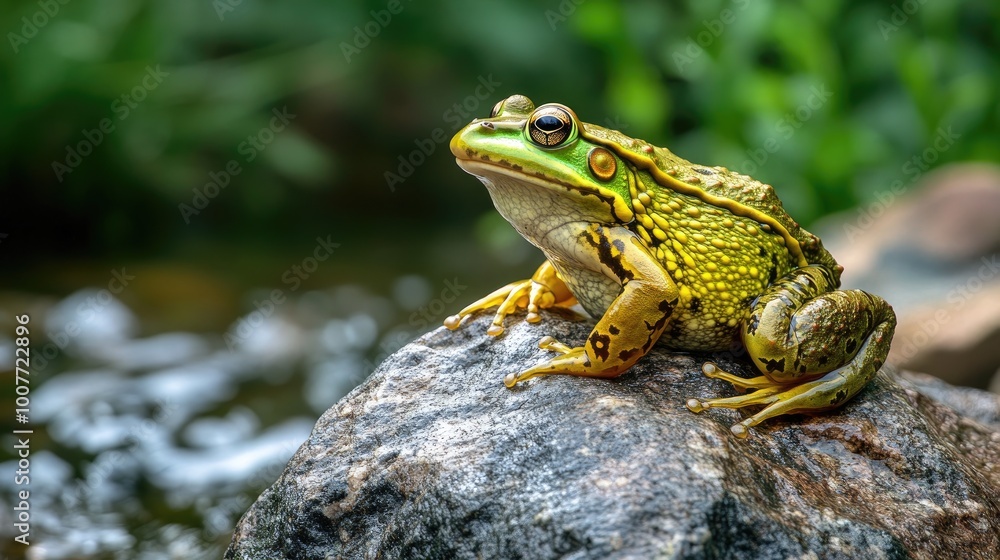 A bullfrog perched on a large rock near a stream, surrounded by lush vegetation, capturing the vibrant and diverse ecosystem of a wetland. A bullfrog perched on a large rock near a stream, surrounded by lush vegetation, capturing the vibrant and diverse ecosystem of a wetland.
