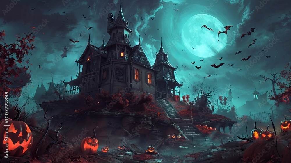 Fototapeta premium Helloween poster background of a haunted house on a hill under --ar 16:9 --v 6 Job ID: 0b858f5d-c0b0-40c9-9f05-93e37c79e9e3