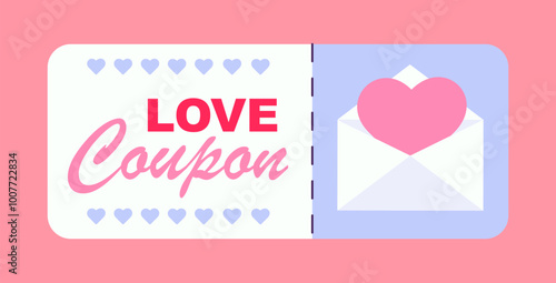 Love coupon concept. Romantic gift and present. Valentines Day or anniversary. Creative surprise for boyfriend or girlfriend. Poster or banner. Flat vector illustration