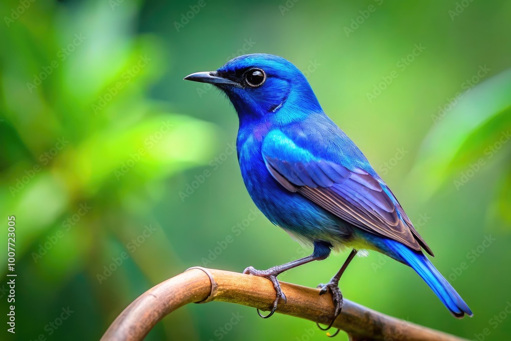 Vibrant Indigo Bird Perched Elegantly on a Branch Against a Softly Blurred Green Background Vibrant Indigo Bird Perched Elegantly on a Branch Against a Softly Blurred Green Background