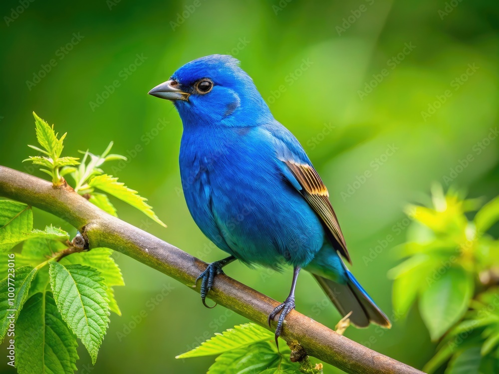 Vibrant Indigo Bunting Bird Perched on a Branch in a Lush Green Natural Habitat Setting Vibrant Indigo Bunting Bird Perched on a Branch in a Lush Green Natural Habitat Setting