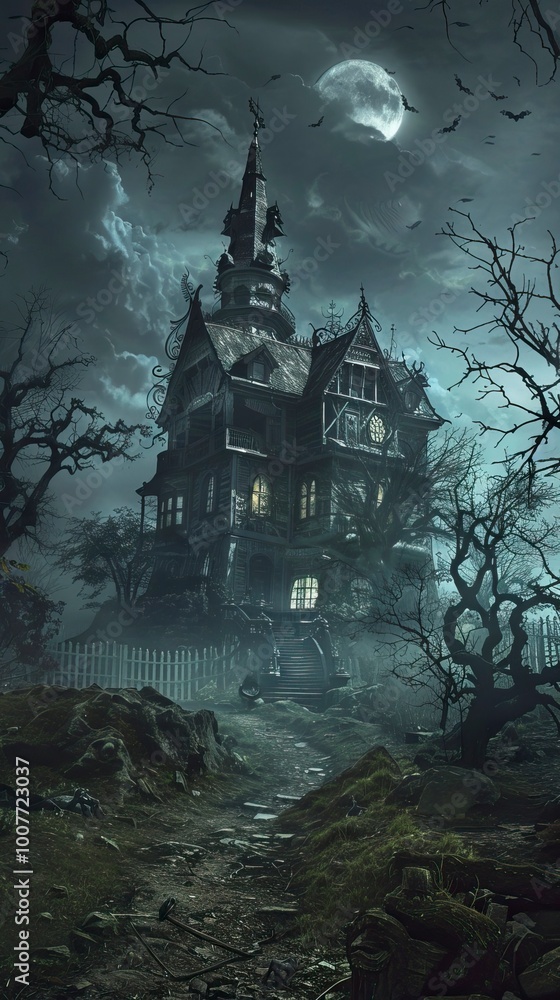 Helloween poster background of a haunted house on a hill under, Halloween elements, Happy Halloween Helloween poster background of a haunted house on a hill under, Halloween elements, Happy Halloween
