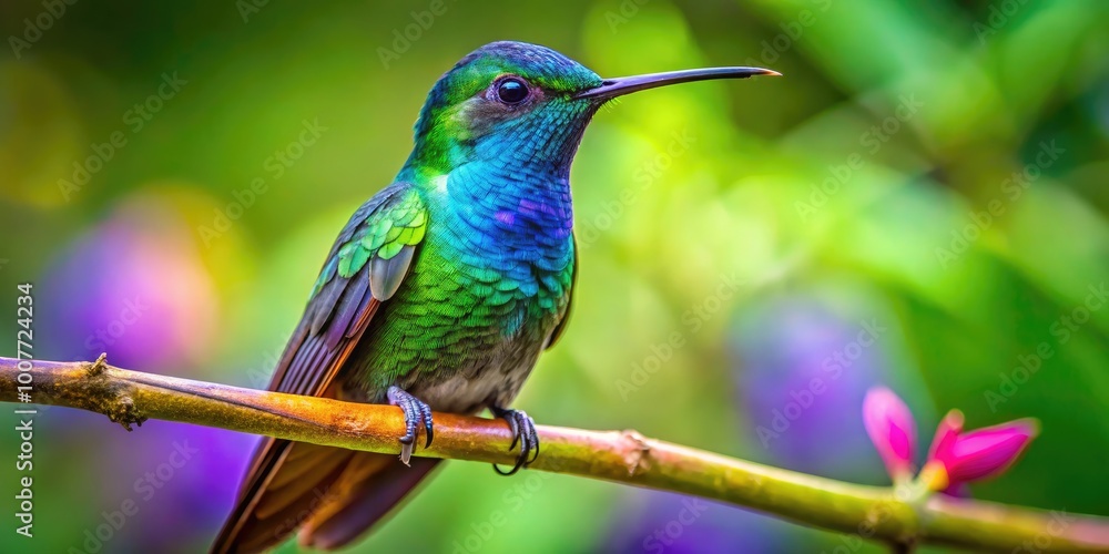 Fototapeta premium Vibrant Nazca Hummingbird perched on a branch amidst lush greenery in a tropical habitat