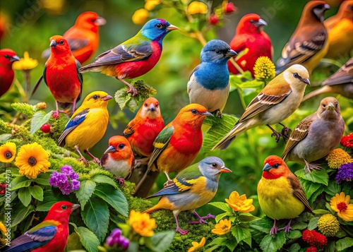 Vibrant North American Birds Perched Amidst Lush Greenery Showcasing Nature's Colorful Beauty photo