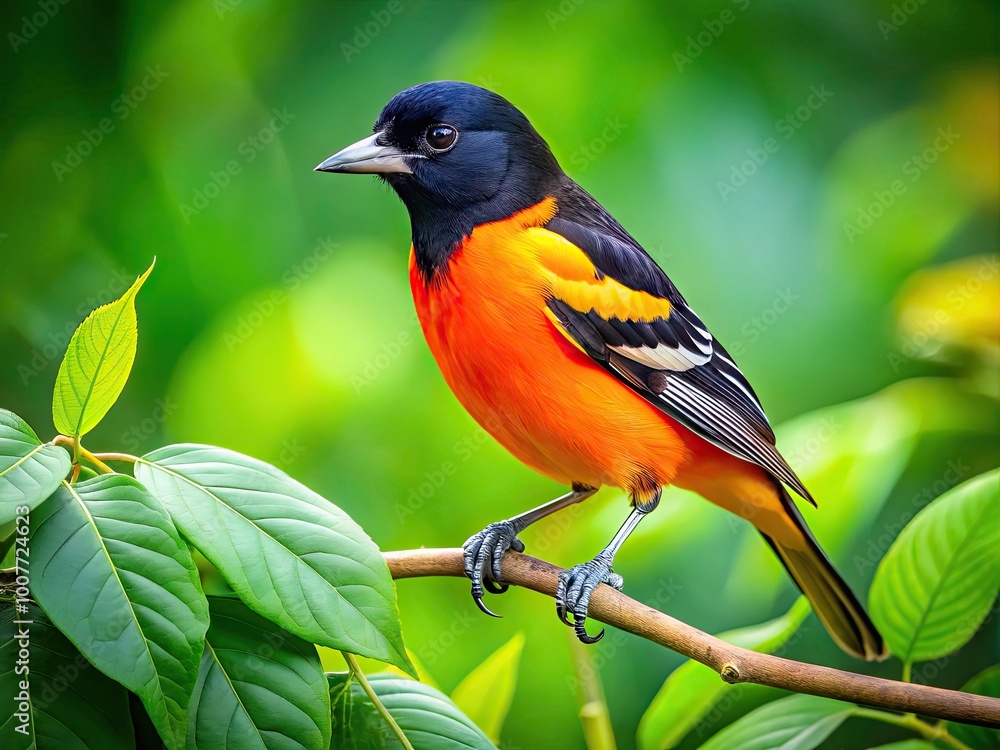 Fototapeta premium Vibrant Oriole Bird Perched on a Branch Against a Lush Green Background in Natural Habitat