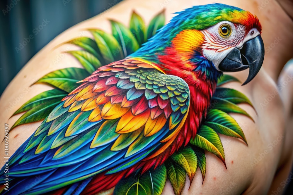 Obraz premium Vibrant Parrot Bird Tattoo Design with Colorful Feathers and Intricate Details on Skin Canvas