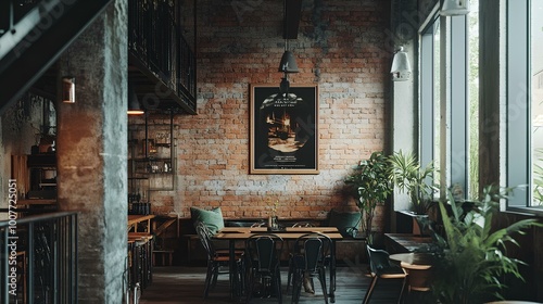 A cozy, industrial-style café featuring exposed brick walls, large windows, and wooden furniture, enhancing a warm and inviting atmosphere.