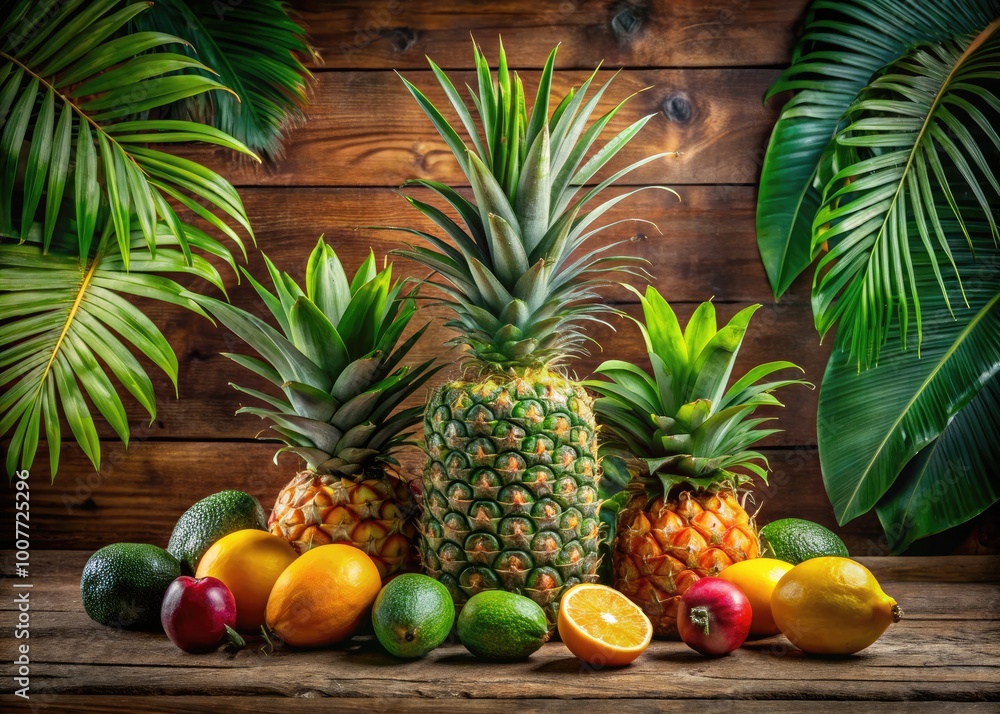 Vibrant Pineapple Display with Tropical Foliage and Fresh Fruits on a Rustic Wooden Table Background Vibrant Pineapple Display with Tropical Foliage and Fresh Fruits on a Rustic Wooden Table Background