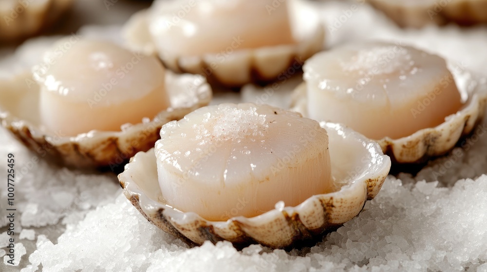 A close-up of scallops nestled in their shells on a bed of coarse sea salt, ready for baking, emphasizing the natural beauty of the raw ingredients. A close-up of scallops nestled in their shells on a bed of coarse sea salt, ready for baking, emphasizing the natural beauty of the raw ingredients.