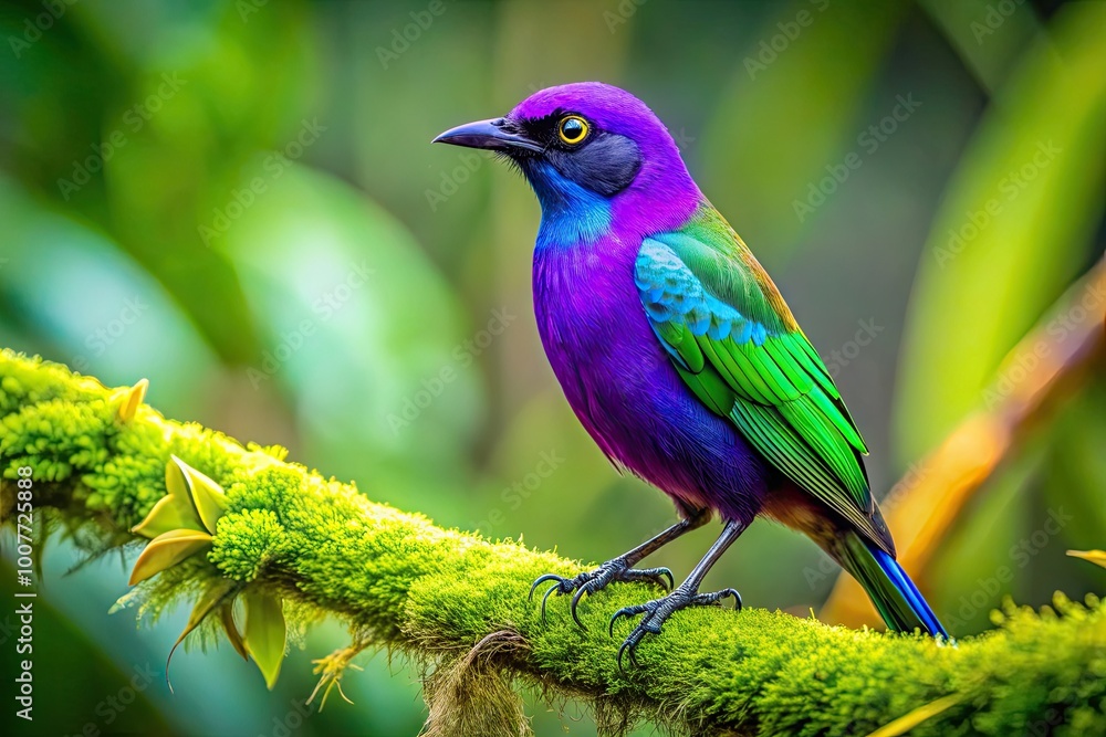 Vibrant Purple and Green Bird Perched on a Branch in a Lush Natural Environment Captured in Detail Vibrant Purple and Green Bird Perched on a Branch in a Lush Natural Environment Captured in Detail