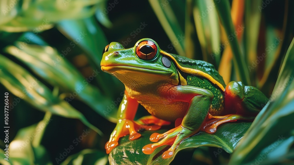 A colorful image of a bullfrog in a rainforest environment, with tropical plants and vibrant green hues surrounding the amphibian in its natural habitat. A colorful image of a bullfrog in a rainforest environment, with tropical plants and vibrant green hues surrounding the amphibian in its natural habitat.
