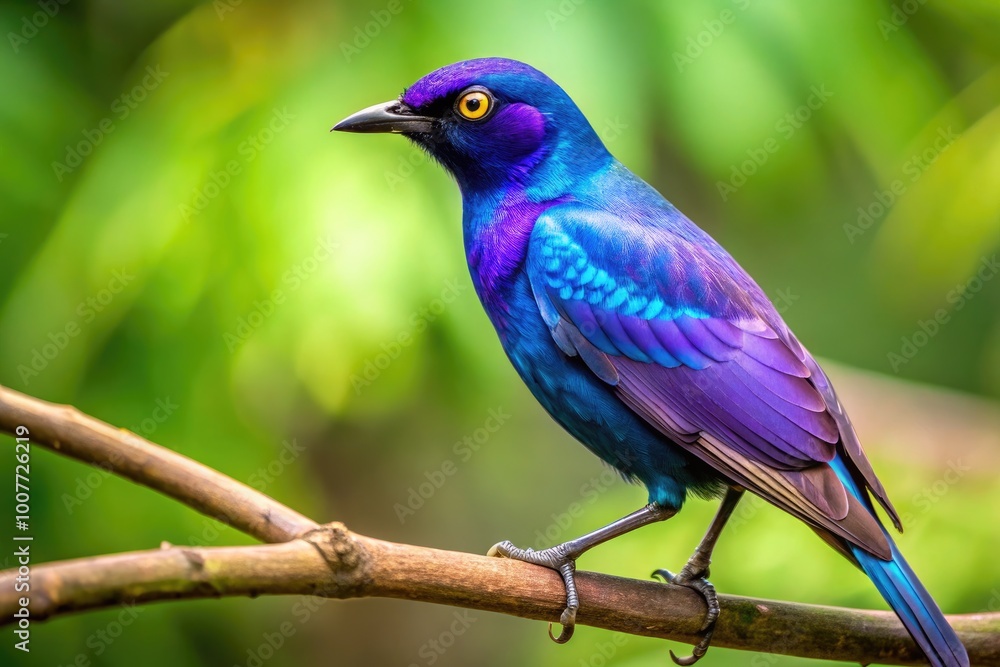 Vibrant Purple Starling Bird Sitting on a Branch Against a Soft Green Background in Nature Vibrant Purple Starling Bird Sitting on a Branch Against a Soft Green Background in Nature