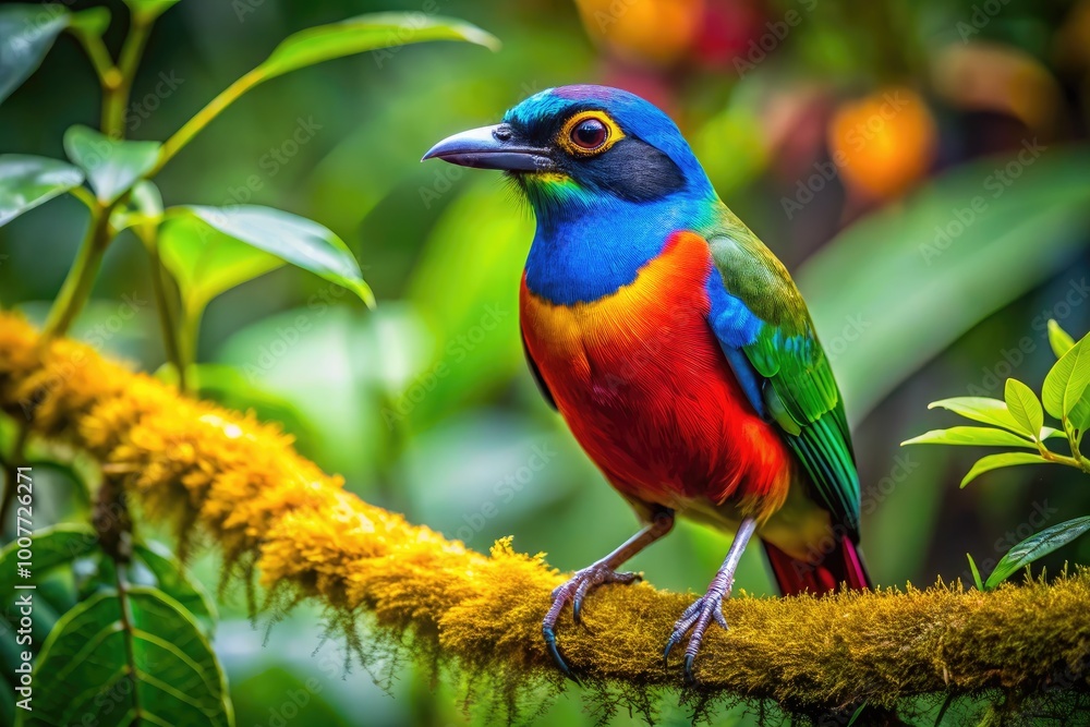 Vibrant Rainforest Bird Perched on a Branch Surrounded by Lush Greenery and Colorful Foliage Vibrant Rainforest Bird Perched on a Branch Surrounded by Lush Greenery and Colorful Foliage