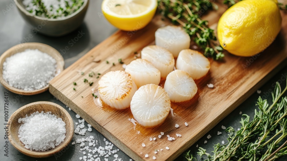 A creative composition of scallops being prepared on a wooden cutting board, with a scattering of sea salt, herbs, and lemon zest nearby, capturing the prep process. A creative composition of scallops being prepared on a wooden cutting board, with a scattering of sea salt, herbs, and lemon zest nearby, capturing the prep process.