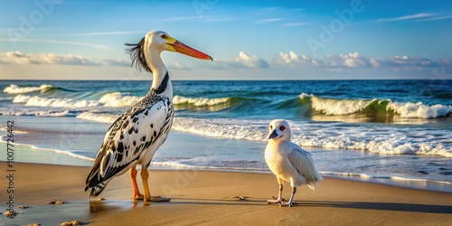 A curious dalmatian and a majestic pelican form an unlikely friendship on a sun-kissed beach, surrounded by serene ocean waves and warm sandy dunes.