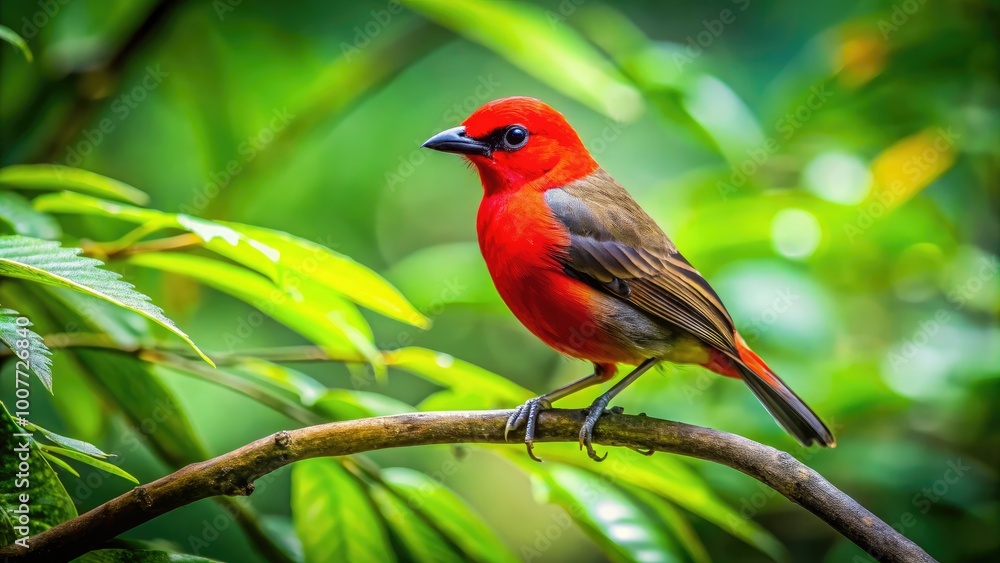 Vibrant Red Crowned Bird Perched on a Branch Amidst Lush Green Foliage in Bright Natural Light Vibrant Red Crowned Bird Perched on a Branch Amidst Lush Green Foliage in Bright Natural Light