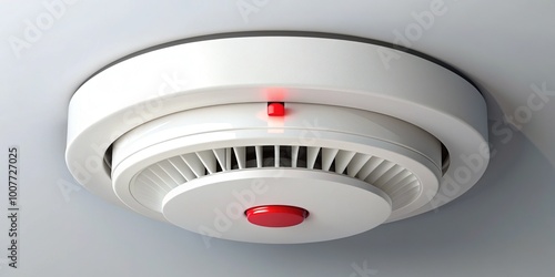 A minimalist illustration of a smoke detector with a bold red alarm bell and a sleek white body, symbolizing fire safety and home security. photo