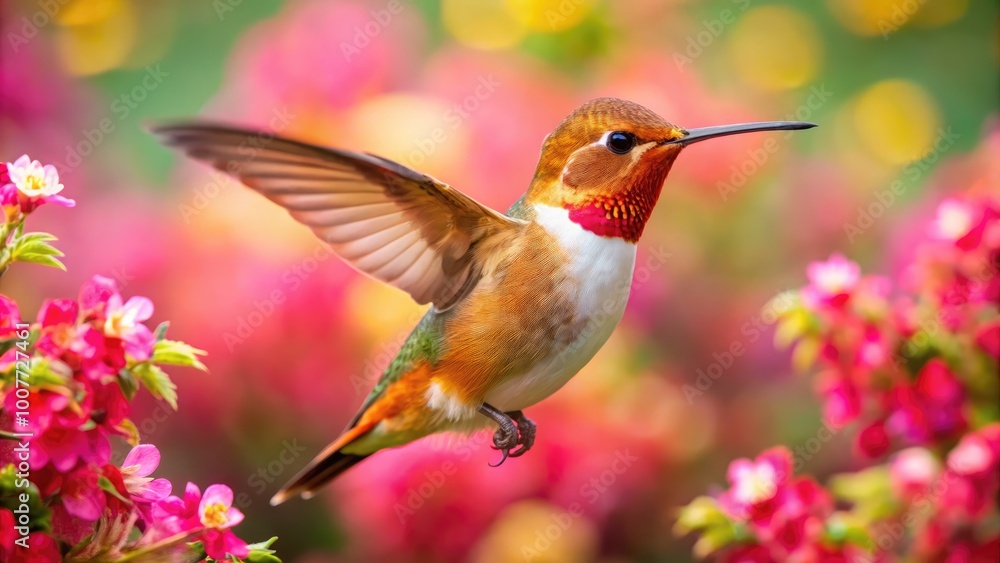 Fototapeta premium Vibrant Rufous Hummingbird in Flight Captured Among Colorful Blooms in Natural Habitat
