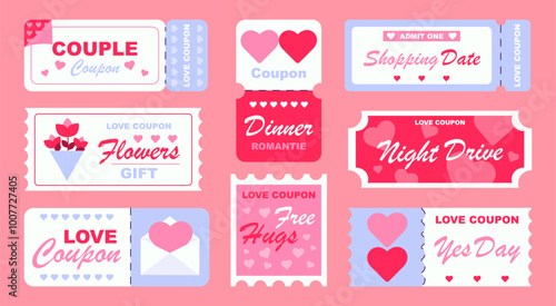 Love coupons set. Romantic gift and present. Voucher and ticket. Valentines Day 14 February. Surprise for boyfriend or girlfriend. Flat vector collection