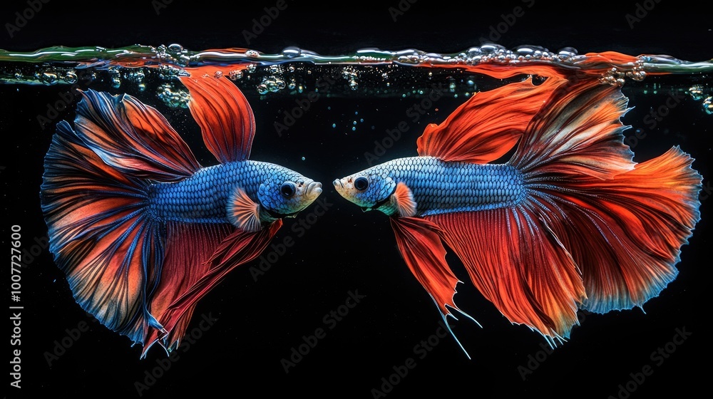 A dynamic shot of two male Betta fish engaging in combat, their fins flaring and creating a burst of color in the clear water. A dynamic shot of two male Betta fish engaging in combat, their fins flaring and creating a burst of color in the clear water.