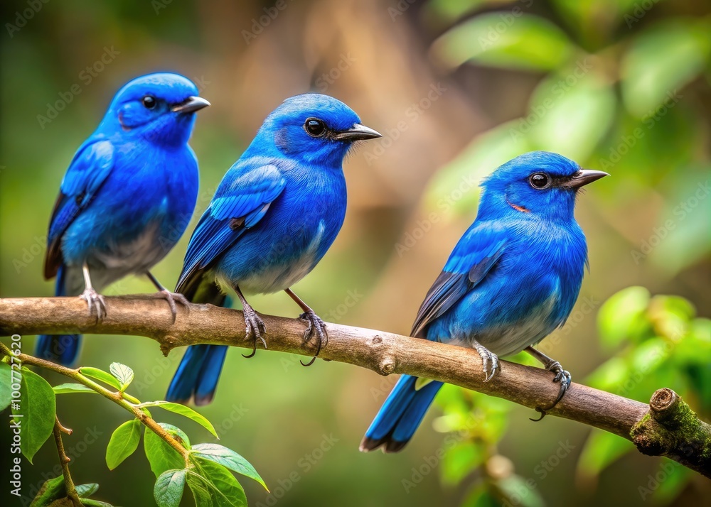 Vibrant Small Blue Birds Perched on Branches in a Lush Green Environment, Nature's Beauty Captured Vibrant Small Blue Birds Perched on Branches in a Lush Green Environment, Nature's Beauty Captured
