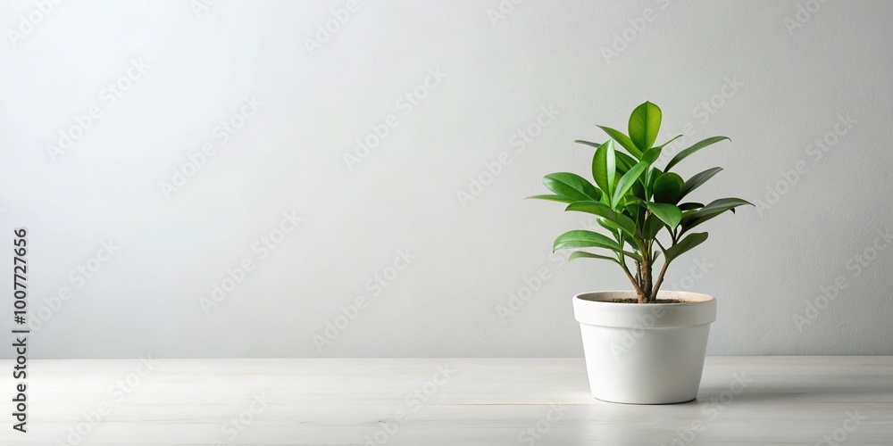 Fototapeta premium A small potted plant with lush green leaves sits on a minimalist white flat table against a clean and simple light-gray background.