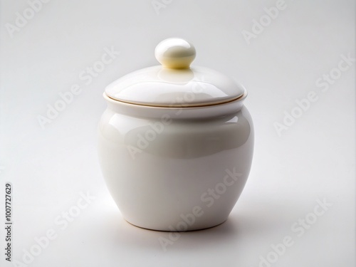 A small, white, ceramic jar with a matching lid, isolated on a clean background, symbolizing storage, containment, and simplicity, with a minimalist aesthetic. photo