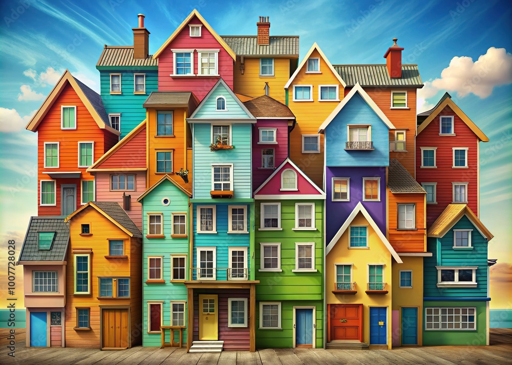 A whimsical illustration of colorful houses stacked haphazardly, with windows and doors mismatched, depicting a playful and humorous take on architectural mistakes. A whimsical illustration of colorful houses stacked haphazardly, with windows and doors mismatched, depicting a playful and humorous take on architectural mistakes.