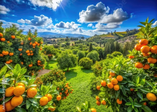 Wallpaper Mural Vibrant Tangerine Fruits in a Sunny Garden Surrounded by Lush Greenery and Bright Blue Sky Torontodigital.ca