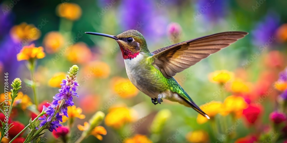 Fototapeta premium Vibrant Texas Hummingbird in Flight Among Colorful Wildflowers and Greenery in Natural Habitat