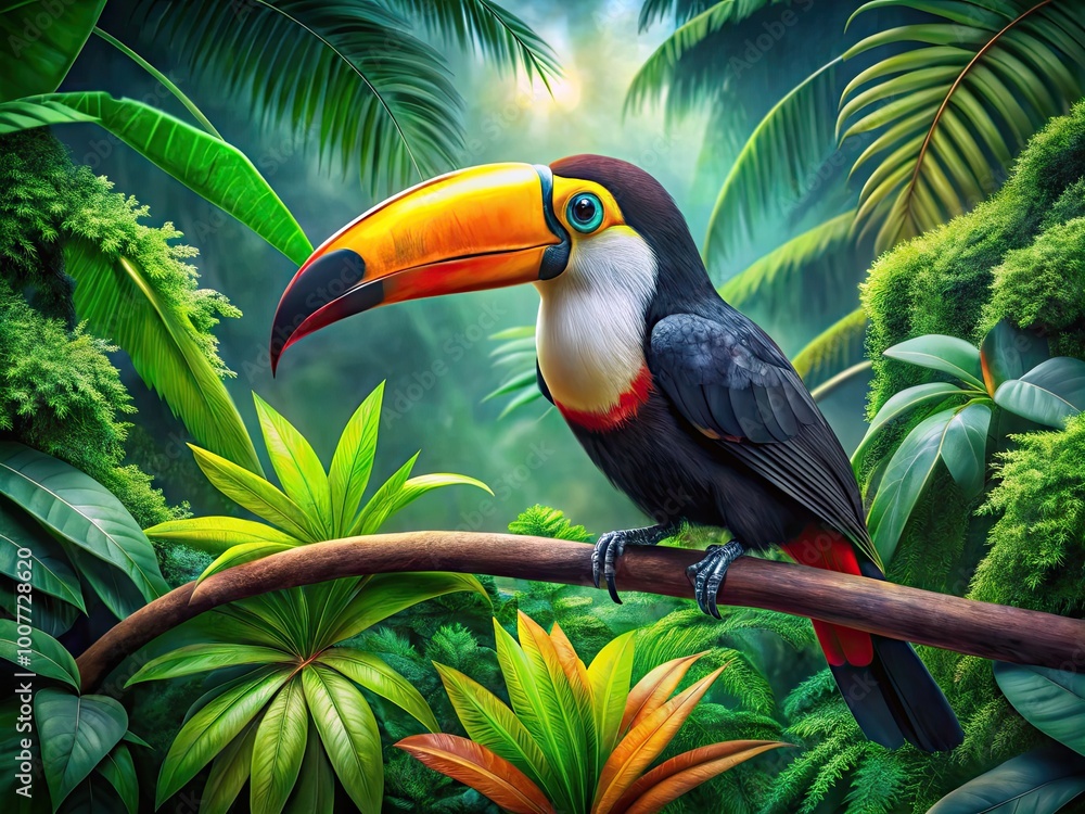 Obraz premium Vibrant Toucan Bird Perched on Branch Surrounded by Lush Green Foliage in Tropical Rainforest