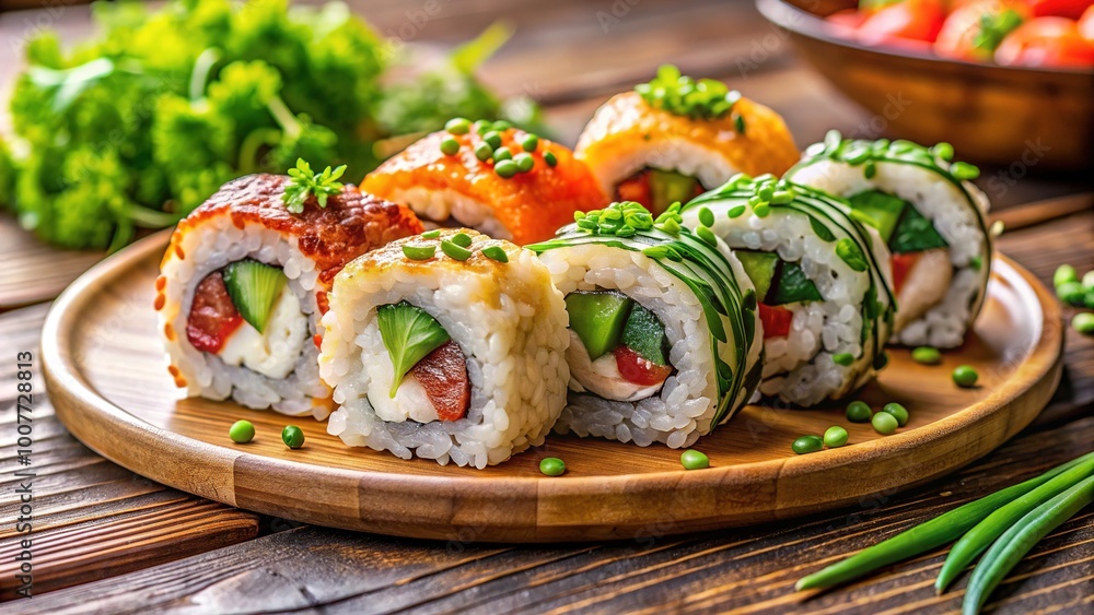 Colorful, intricately rolled maki sushi pieces arranged artfully on a rustic wooden plate, garnished with fresh green onions and sesame seeds, against a soft blurred background. Colorful, intricately rolled maki sushi pieces arranged artfully on a rustic wooden plate, garnished with fresh green onions and sesame seeds, against a soft blurred background.