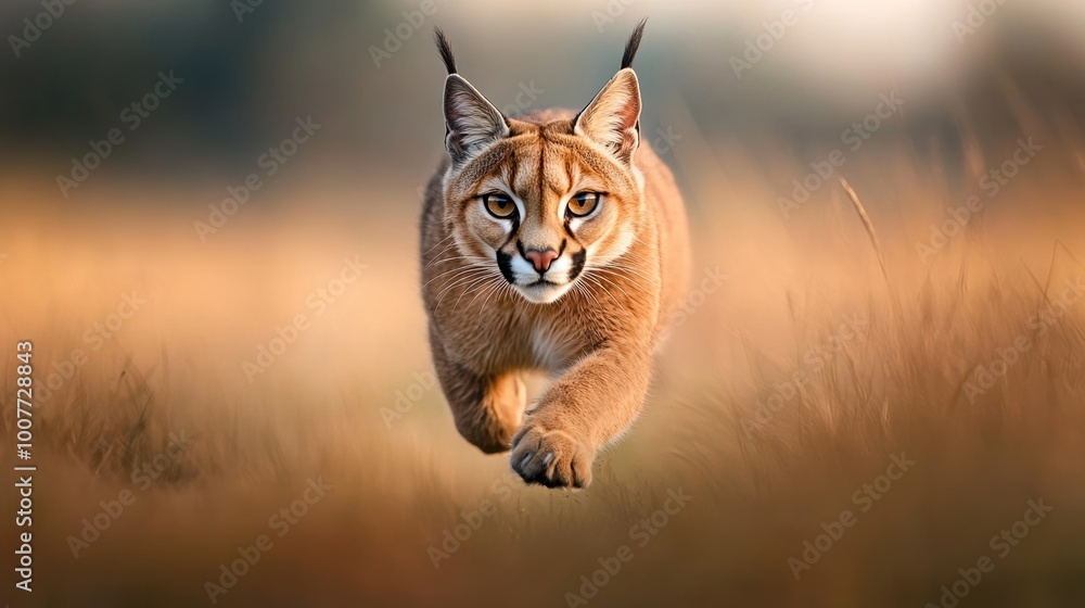 Fototapeta Caracal running swiftly in tall grass, focused and alert.