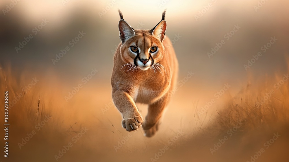 Fototapeta Caracal running in a golden field, captured in motion with blurred background.