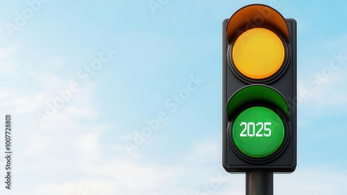 Traffic light with yellow and green signals against a clear sky