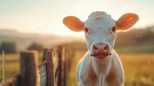 Calm cow in a picturesque rural setting during golden hour lighting photo