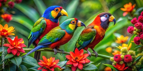 Vibrant Tropical Rainforest Birds Displaying Stunning Colors Amidst Lush Green Foliage and Flowers