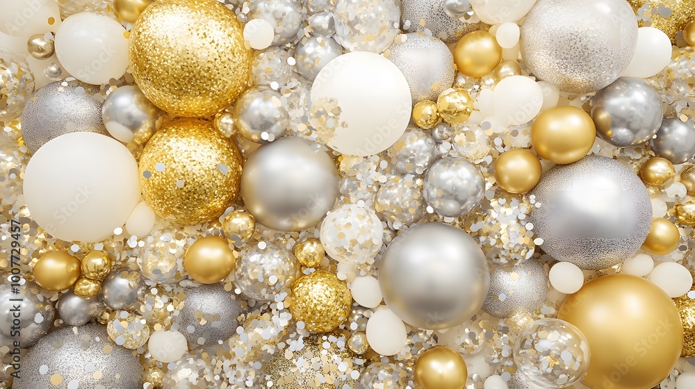 New Year’s Eve party decorations featuring a gold and silver theme with festive balloons, confetti, and a vibrant celebratory atmosphere New Year’s Eve party decorations featuring a gold and silver theme with festive balloons, confetti, and a vibrant celebratory atmosphere