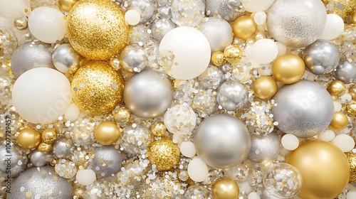 New Year’s Eve party decorations featuring a gold and silver theme with festive balloons, confetti, and a vibrant celebratory atmosphere