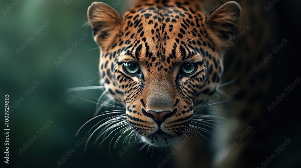 Naklejka premium Close-up of a leopard's face, showcasing its striking features and piercing eyes.