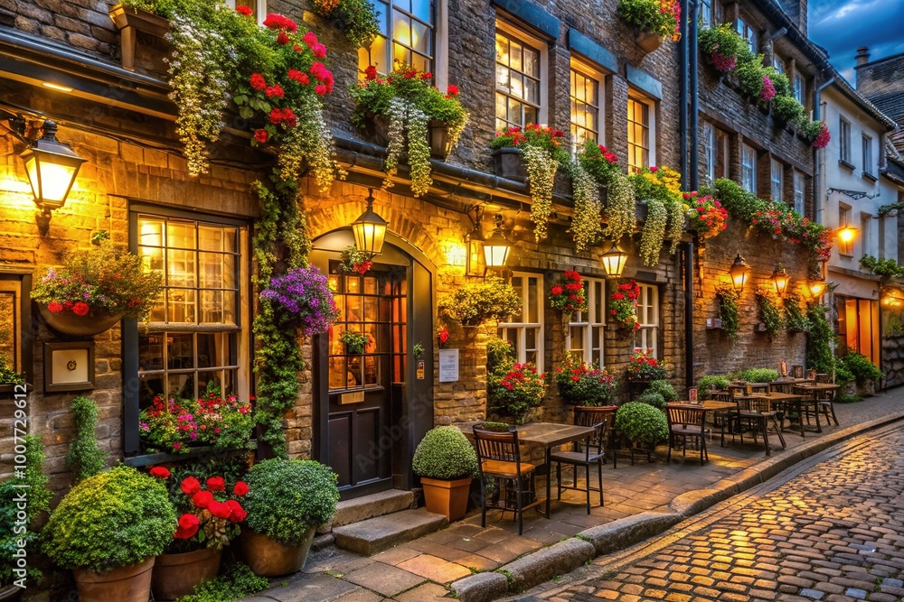 Cozy traditional British pub with warm golden lighting spilling out onto cobblestone street through rustic wooden windows adorned with potted flowers and greenery. Cozy traditional British pub with warm golden lighting spilling out onto cobblestone street through rustic wooden windows adorned with potted flowers and greenery.