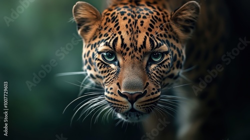 Close-up of a leopard's face, showcasing its striking features and piercing eyes.