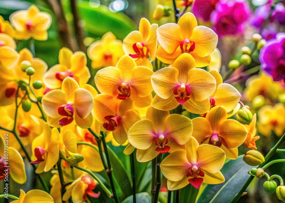 Fototapeta premium Vibrant Yellow Orchid Blooms Showcasing Nature's Beauty in a Bright and Colorful Floral Arrangement