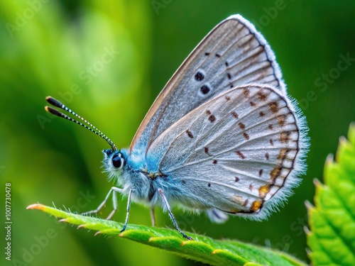 Delicate grey-blue butterfly, Catochrysops strabo, with white spots and narrow tails, perches on a leaf, showcasing its intricate wing patterns and slender body. photo