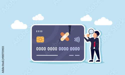 A businessman with a magnifying glass examines a damaged debit or credit card, illustrating the investigation of causes and solutions for financial losses and stabilization