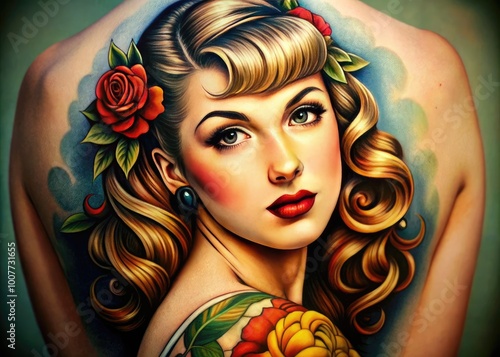 Vintage Pin Up Tattoo Design Featuring Retro Aesthetics and Classic Elements in Bold Colors photo